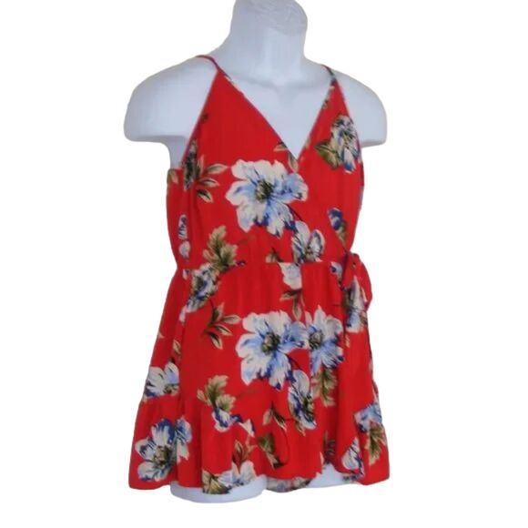 XHILARATION Romper, M, Spag Straps, Faux Wrap, Red Floral, Pockets - Picture 2 of 10